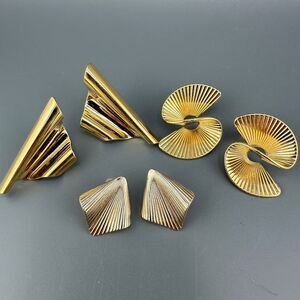 Vintage Art Deco Earrings Lot Gold Tone Pierced Fan Swirl 1980s Some Signed